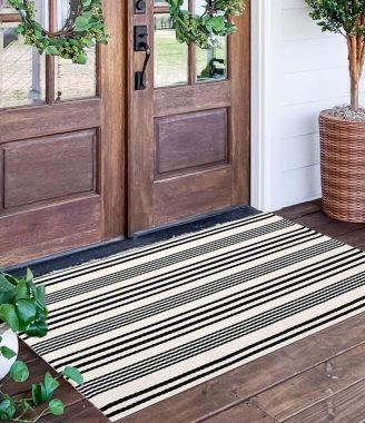 Black and White Striped Outdoor Rug 24'' x 51''Farmhouse Front Porch Mat Hand-Woven Machine Washable Layered Door Mats for Entryway/Bedroom