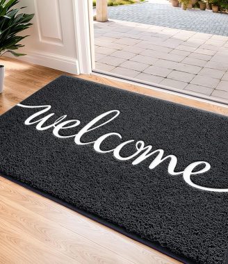 Black Door Mat Welcome Mats Outdoor Indoor Non-Slip Doormat for Entryway Low-Profile Floor Mat for Yard, Garage, High Traffic Areas (30"x17.5", Black)