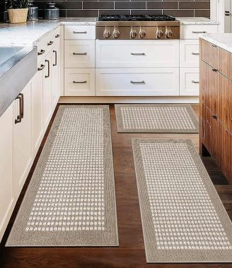 Ileading Kitchen Mat Sets 3 Piece Minimalist 3D Lattice Kitchen Floor Rugs with Non Slip Rubber Backing Machine Washable Farmhouse Runner Rugs for Laundry Hallway Doormat(Beige)