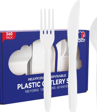 JOLLY CHEF 360 Pack Plastic Cutlery Set, White Disposable Plastic Utensils Heavy Duty